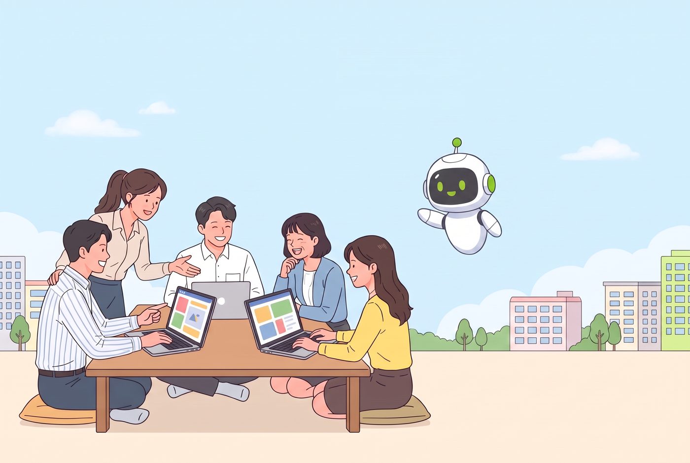 이웃들과 함께 노트북으로 AI 에이전트를 만드는 모습